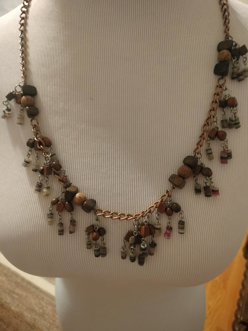 Boho Brown Green Blend Beaded Tassel Necklace - Earrings Set - VTG